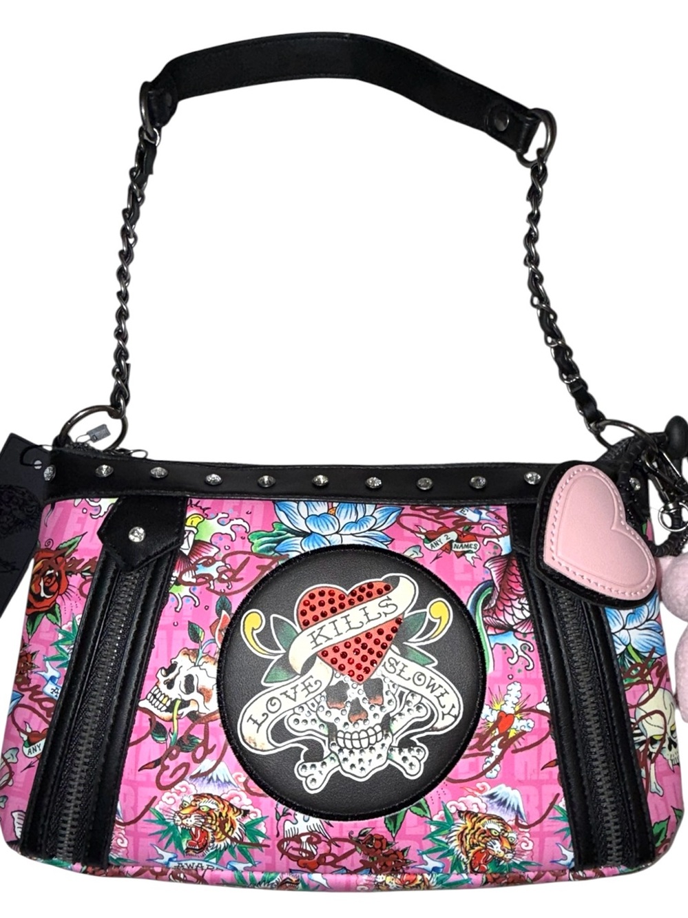Ed Hardy Pink Tattoo Heart & Skull Shoulder Bag